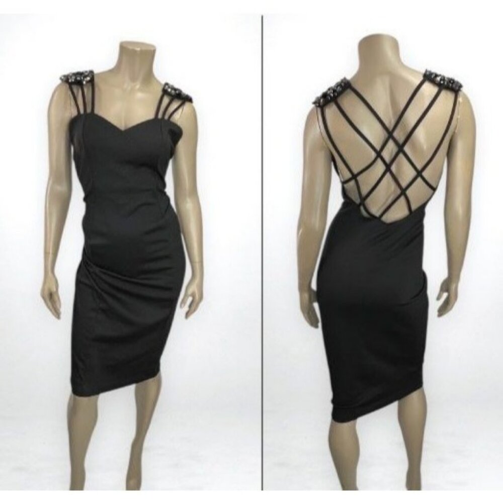 NWT ASOS 8 Caged Back‎ Sheath Black Party Dress Cocktail Beaded Open Back
